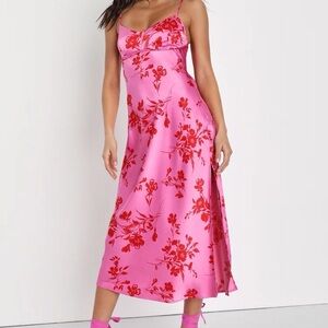 Lulu's Pink and Red Floral Midi Dress